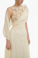 Ethereal Petal one-shoulder maxi gown by Happy Clothing, flowing floral fabric with elegant drape, perfect for formal occasions.