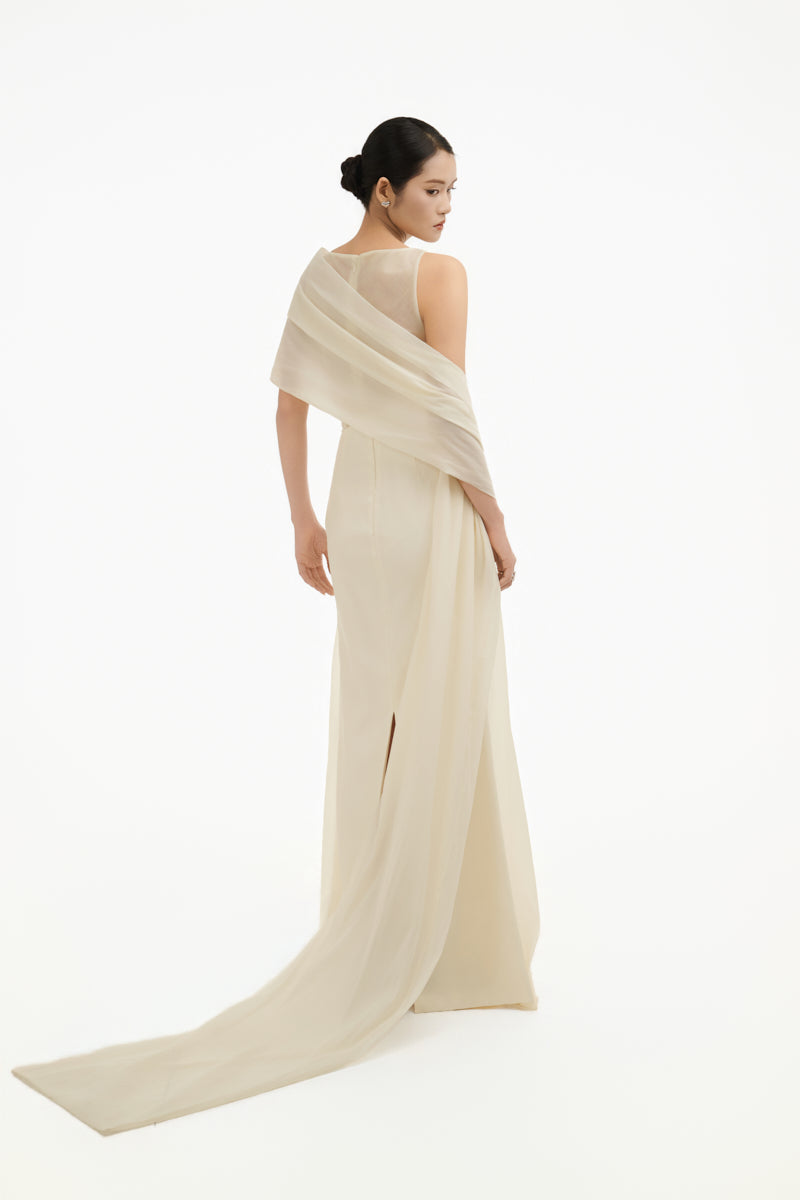 Ethereal Petal one-shoulder maxi gown by Happy Clothing featuring flowing fabric and elegant design, perfect for formal occasions.
