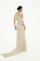 Ethereal Petal one-shoulder maxi gown by Happy Clothing featuring flowing fabric and elegant design, perfect for formal occasions.