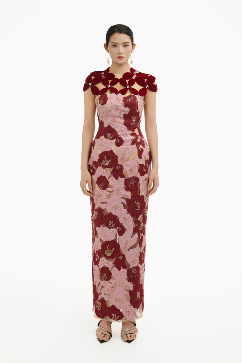 Elegant rose petal couture column gown by Happy Clothing, featuring a flowing design and intricate details.