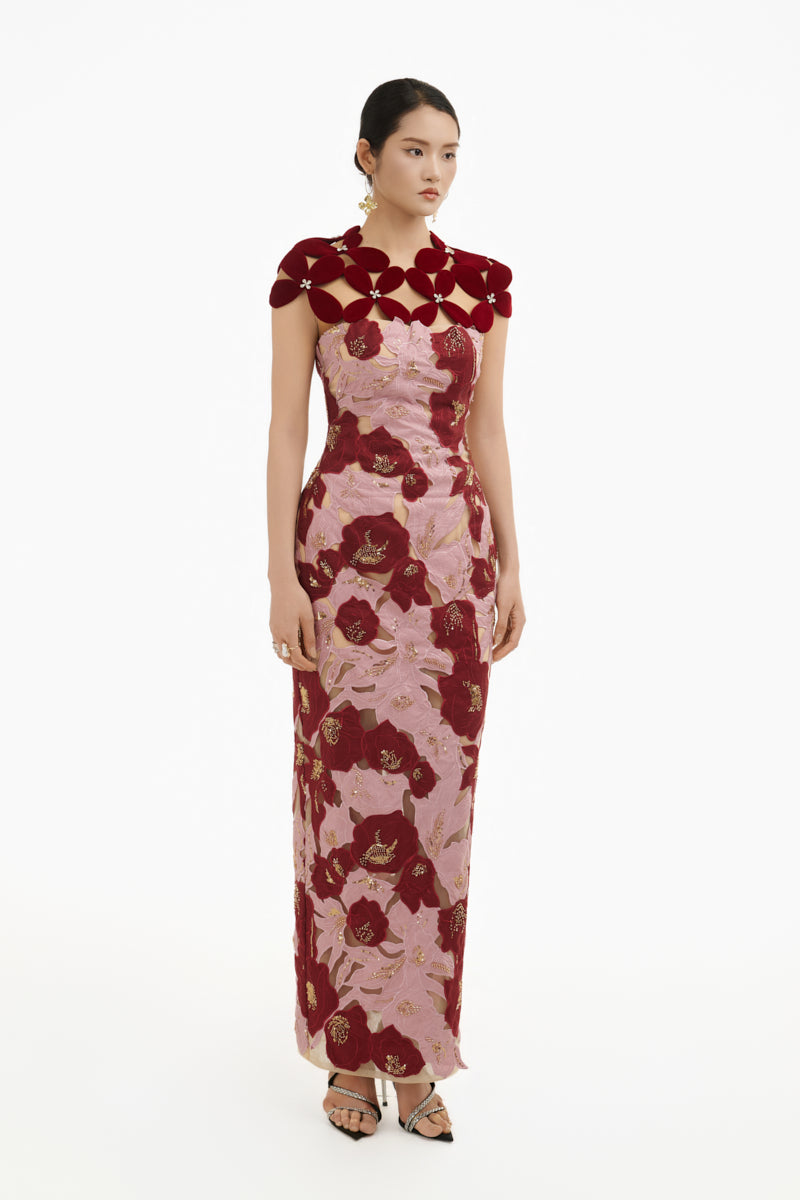 Elegant rose petal couture column gown by Happy Clothing, featuring a flowing design and intricate details for formal occasions.