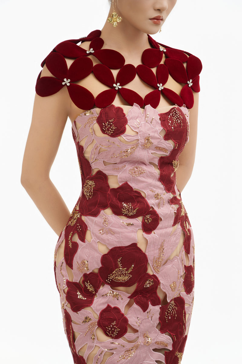 Elegant rose petal couture column gown by Happy Clothing featuring flowing fabric and sophisticated design.