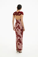 Elegant rose petal couture column gown by Happy Clothing featuring flowing fabric and a fitted silhouette.