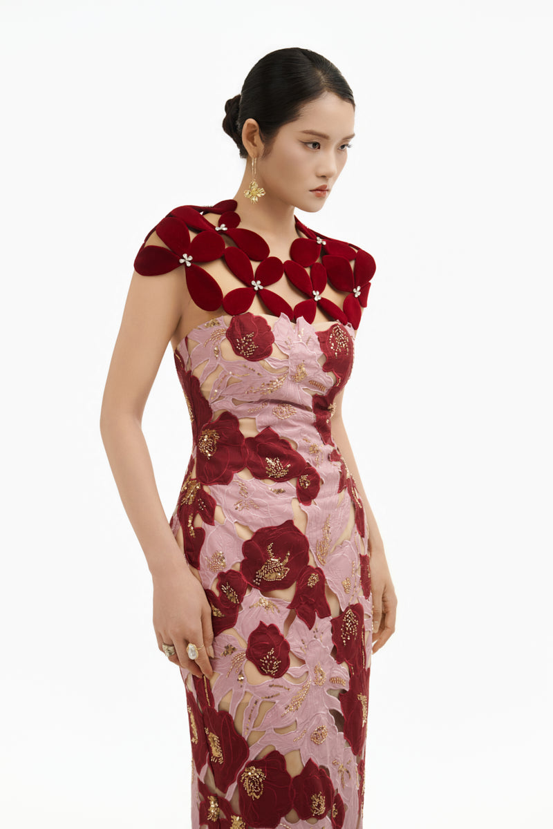 ROSE PETAL COUTURE COLUMN DRESS
