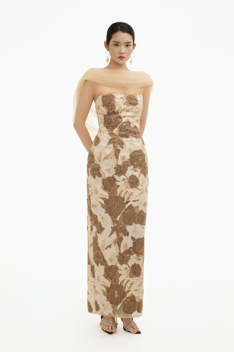 Elegant floral maxi gown by Happy Clothing with matching shawl, featuring a flowing design and vibrant floral pattern.