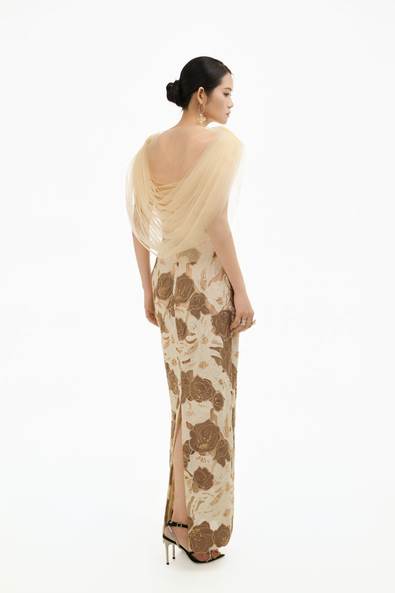 Happy Clothing floral maxi gown with shawl, elegant and flowing, perfect for formal occasions and stylish summer wear.