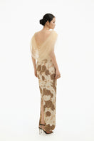 Elegant floral maxi gown with matching shawl from Happy Clothing, featuring a flowing silhouette and vibrant floral pattern.