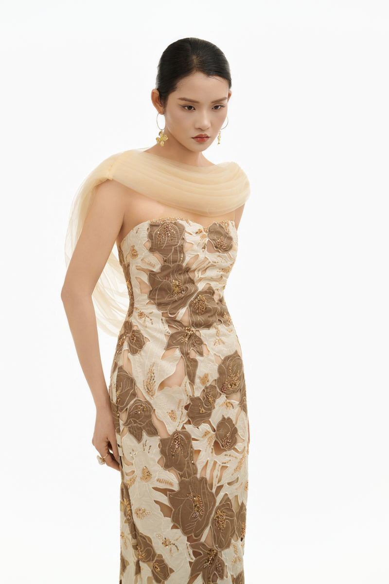 Elegant floral maxi dress with matching shawl by Happy Clothing, featuring a flowing gown design for formal occasions.