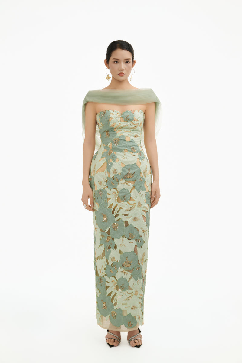 Elegant mint floral maxi dress with matching shawl by Happy Clothing, featuring a flowing gown design perfect for special occasions.