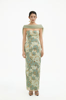 Elegant floral maxi gown with matching shawl by Happy Clothing, featuring a flowing design and vibrant mint color.