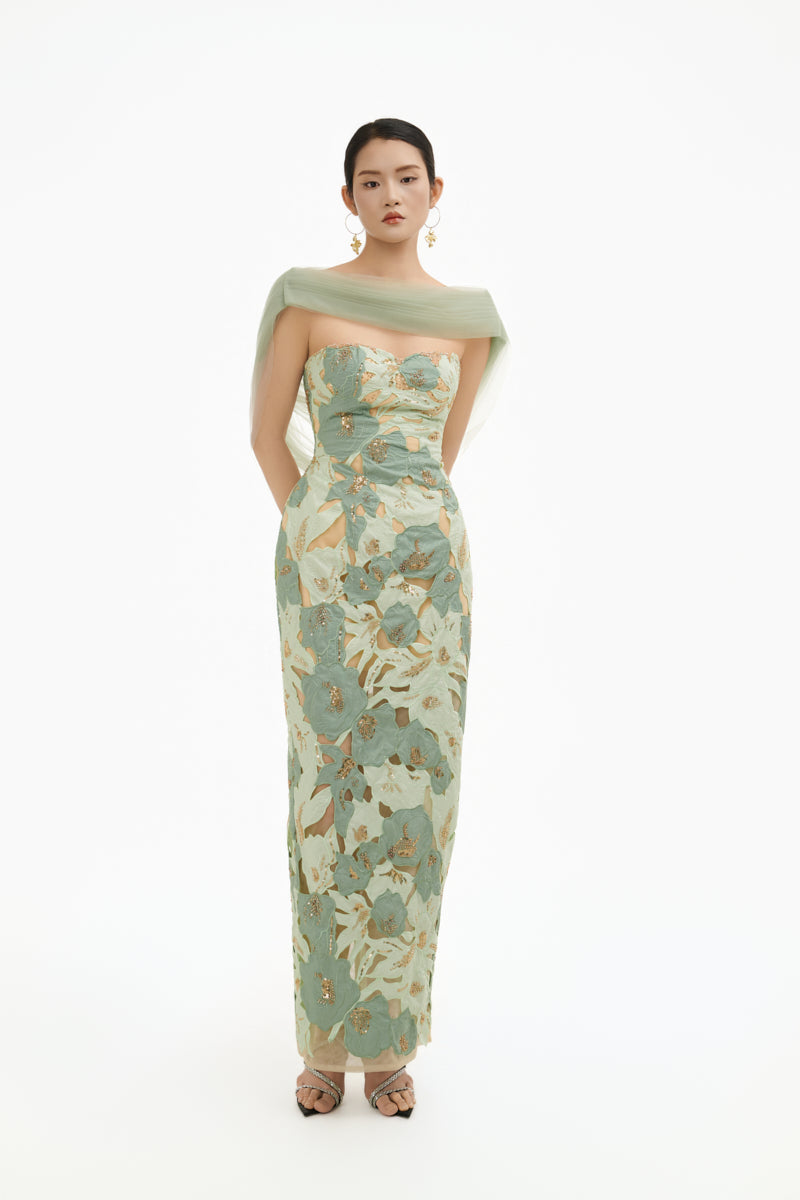 Happy Clothing mint floral maxi gown with matching shawl, flowing fabric and elegant design for special occasions.