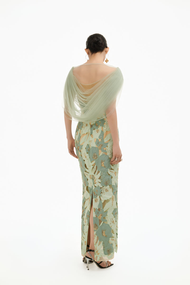 Elegant mint floral maxi gown with matching shawl by Happy Clothing, featuring a flowing design and intricate floral patterns.