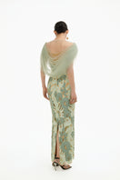 Elegant mint floral maxi gown with matching shawl from Happy Clothing, featuring a flowing design and intricate floral pattern.