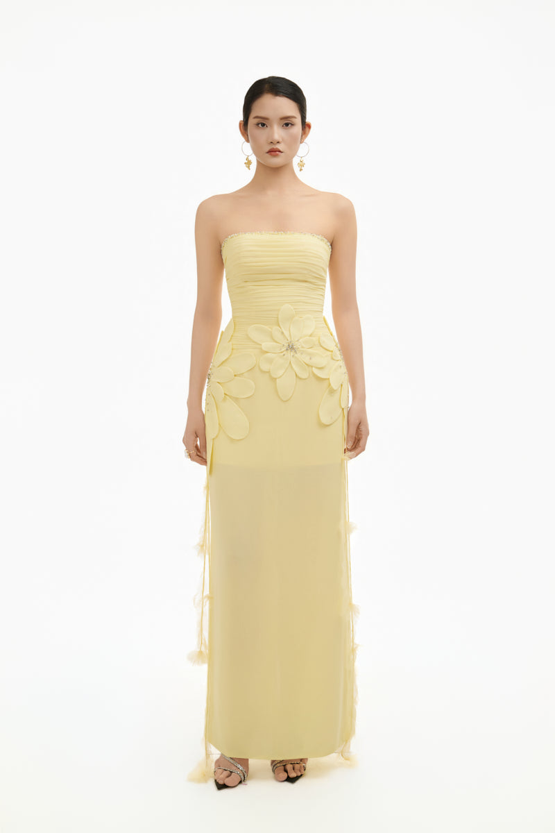 Yellow 3D petal maxi gown by Happy Clothing featuring a flowing design and elegant silhouette.