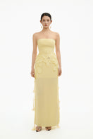 Yellow 3D petal maxi gown by Happy Clothing featuring a flowing design and elegant silhouette.