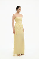 Yellow 3D petal maxi gown by Happy Clothing featuring a flowing design, perfect for elegant occasions.