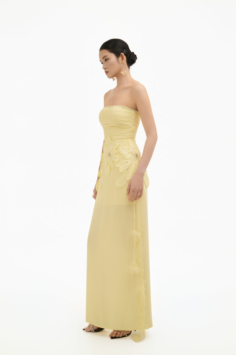 Yellow 3D petal maxi gown by Happy Clothing featuring layered floral design and flowing fabric.