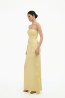 Yellow 3D petal maxi gown by Happy Clothing featuring a flowing design and elegant style.