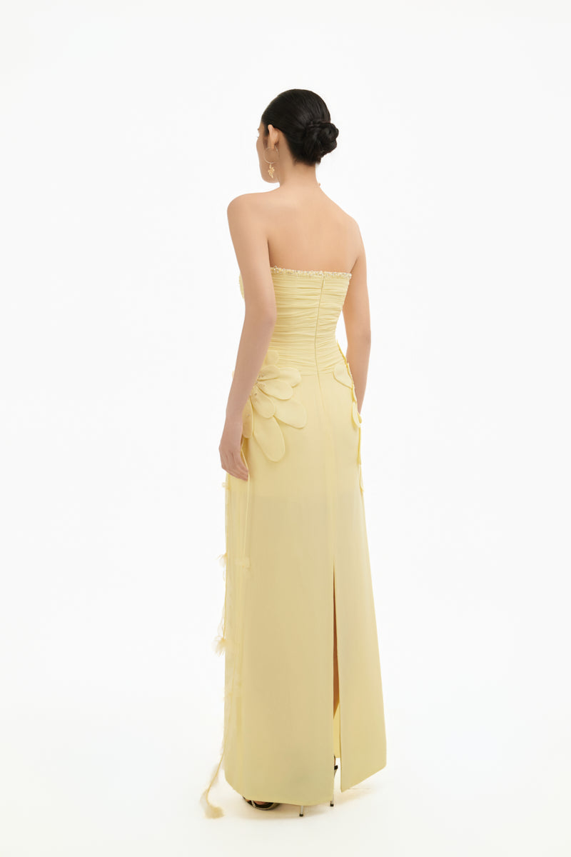 Yellow 3D petal maxi gown by Happy Clothing, flowing fabric and intricate petal design, perfect for elegant occasions.