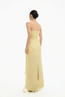 Yellow 3D petal maxi gown by Happy Clothing featuring a flowing, elegant design with intricate petal detailing.