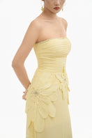 Yellow 3D petal maxi gown by Happy Clothing featuring a flowing design and elegant silhouette for special occasions.