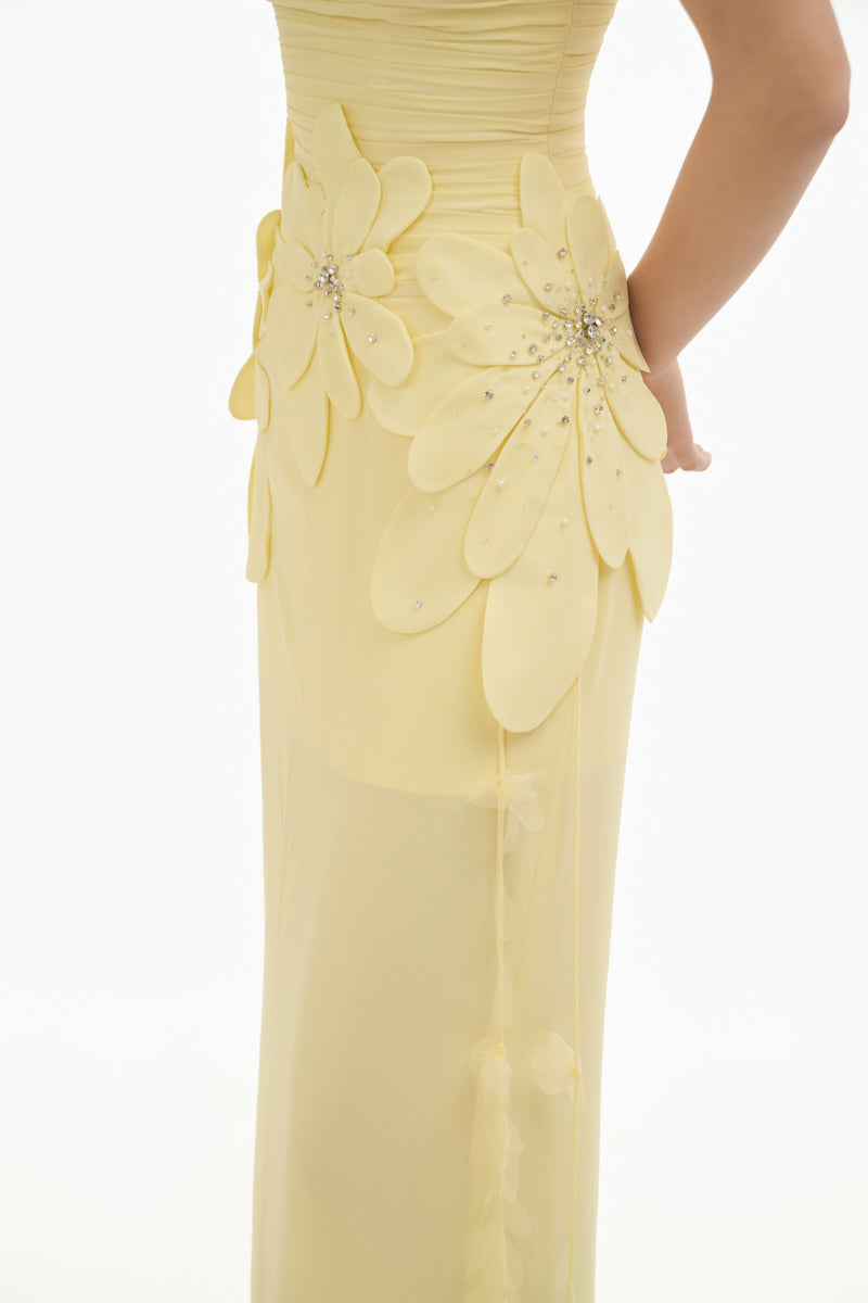 Yellow 3D petal maxi gown by Happy Clothing featuring a flowing design and elegant silhouette.