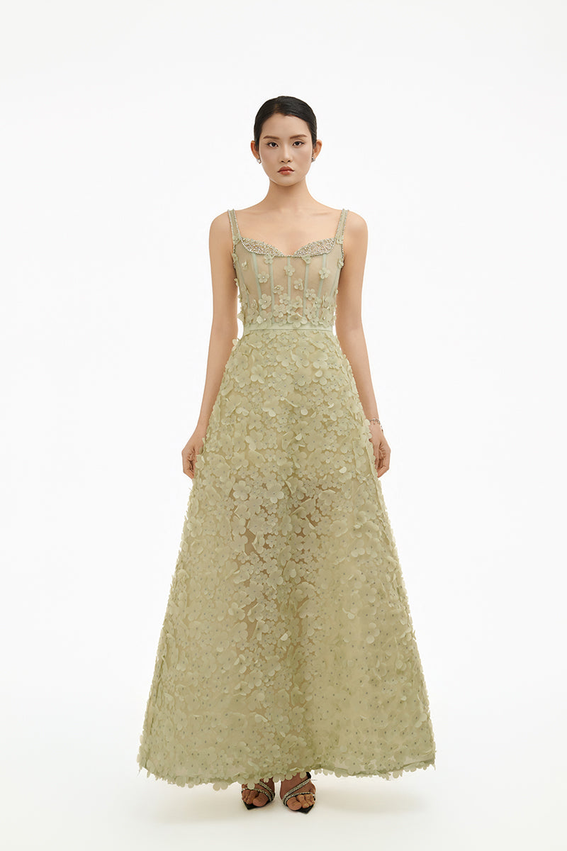 Celadon 3D floral A-line gown by Happy Clothing with intricate floral embroidery and flowing fabric, perfect for formal occasions.