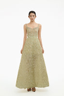 Celadon 3D floral A-line gown by Happy Clothing featuring intricate floral embroidery and a flowing silhouette.