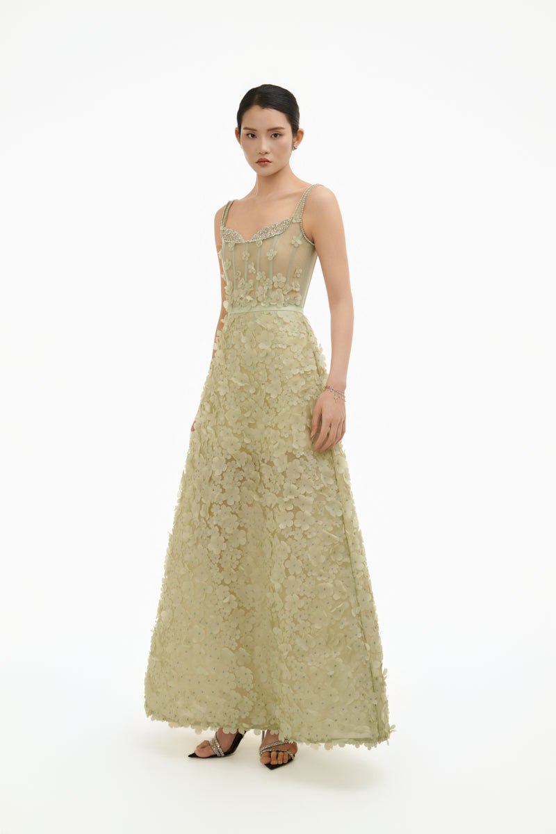 Celadon 3D floral A-line gown by Happy Clothing featuring intricate 3D floral embroidery and elegant flowing fabric.