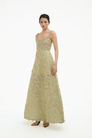 Celadon 3D floral A-line gown by Happy Clothing with intricate floral embroidery and flowing fabric for elegant occasions.