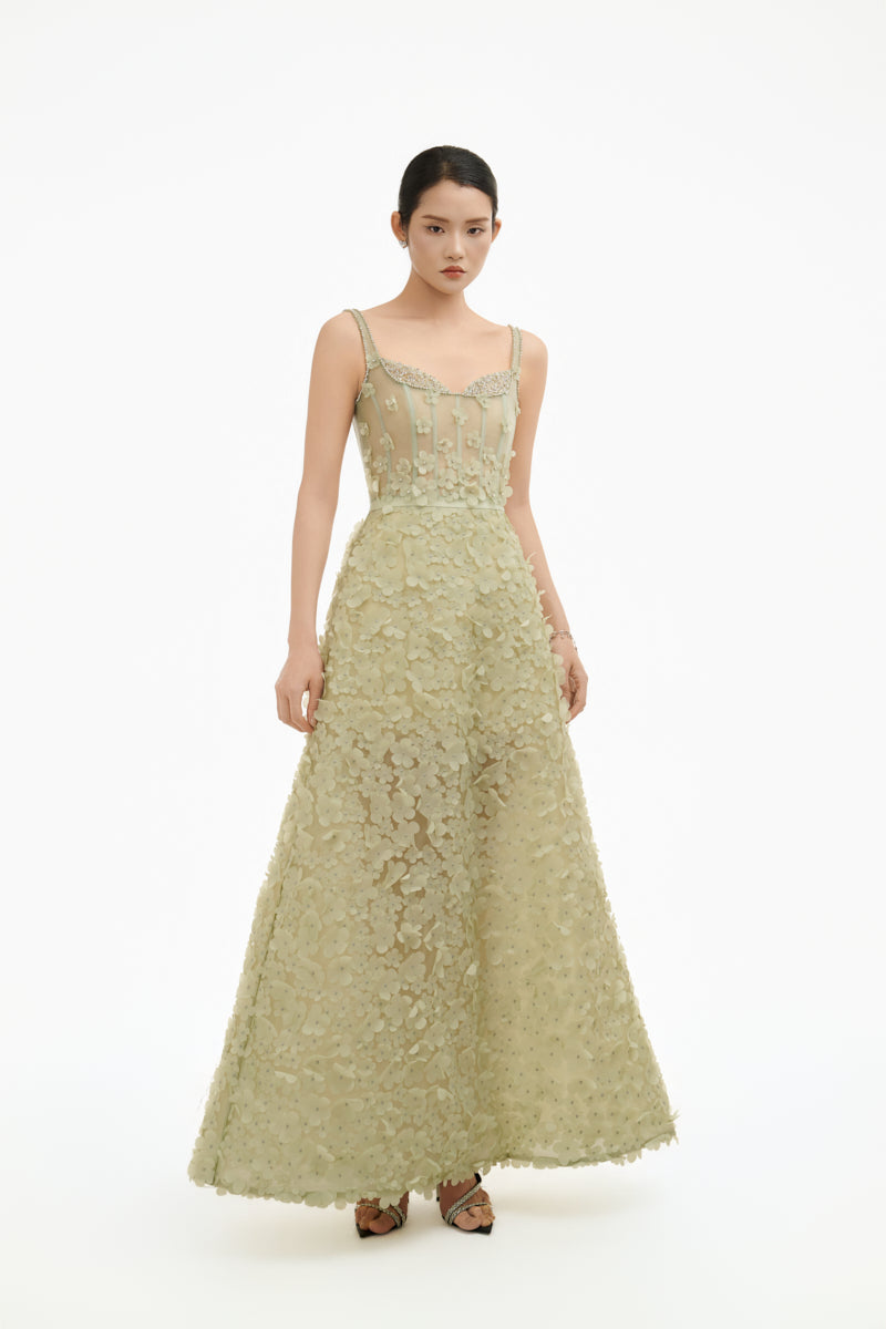 Celadon 3D floral A-line gown by Happy Clothing featuring intricate floral embroidery and flowing fabric.