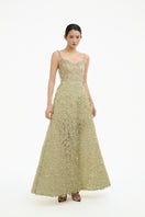 Celadon 3D floral A-line gown by Happy Clothing featuring intricate floral details and a flowing silhouette.
