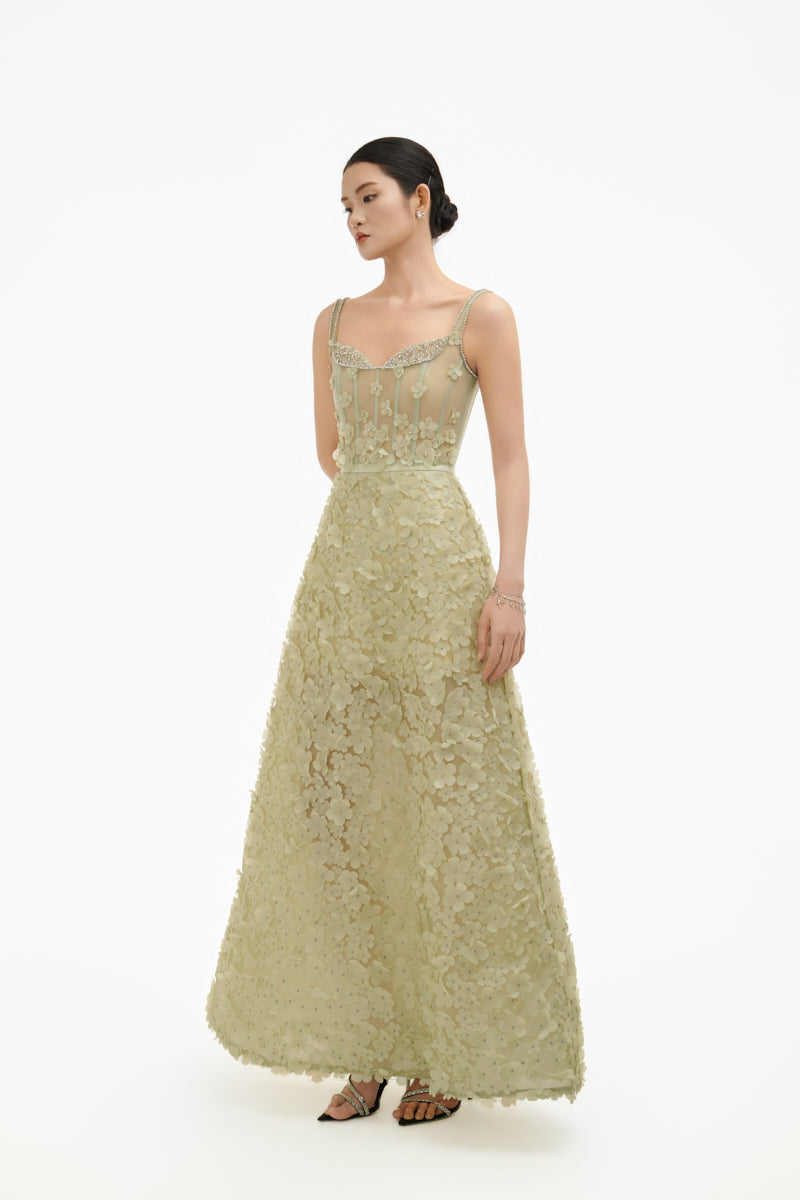 Celadon 3D floral A-line gown by Happy Clothing, featuring intricate floral embroidery and flowing fabric for elegant wear.