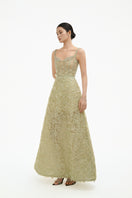 Celadon 3D floral A-line gown by Happy Clothing featuring intricate floral patterns and a flowing silhouette.