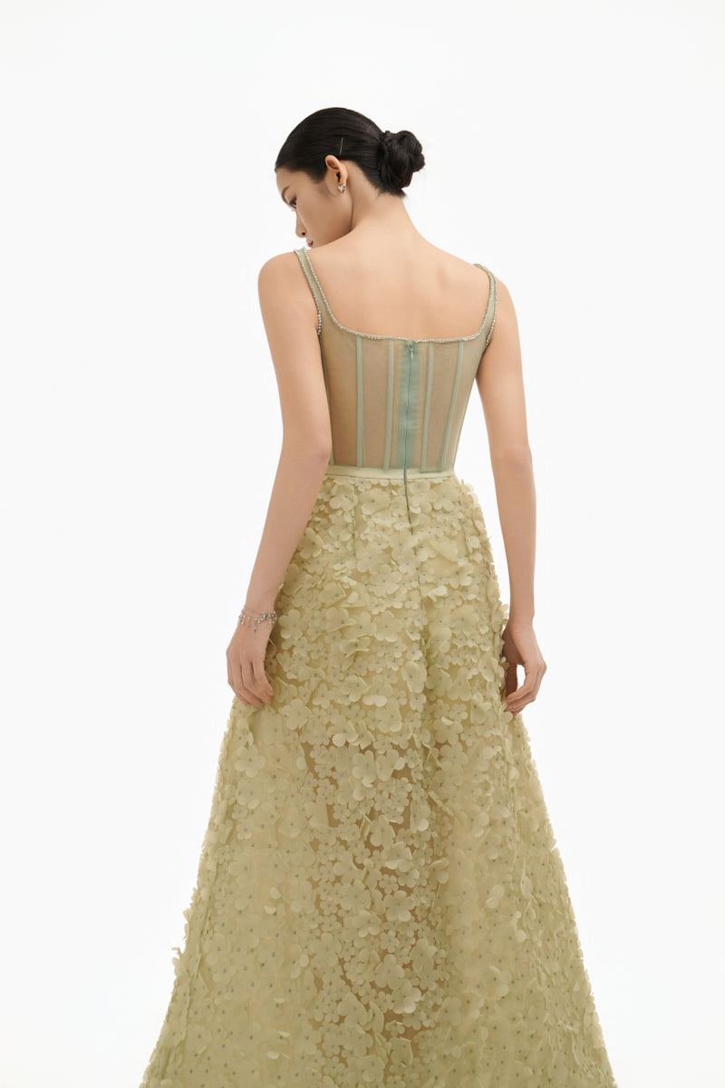 Celadon 3D floral A-line gown by Happy Clothing, featuring intricate floral embroidery and elegant flowing fabric.