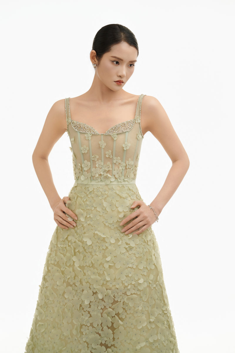 Celadon 3D floral A-line gown by Happy Clothing featuring intricate floral embroidery and a flowing silhouette.