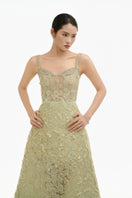 Celadon 3D floral A-line gown by Happy Clothing featuring intricate floral embroidery and a flowing silhouette.