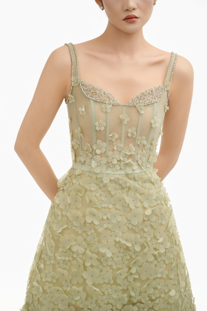 Celadon 3D floral A-line gown by Happy Clothing featuring intricate floral embroidery and flowing fabric, perfect for elegant occasions.
