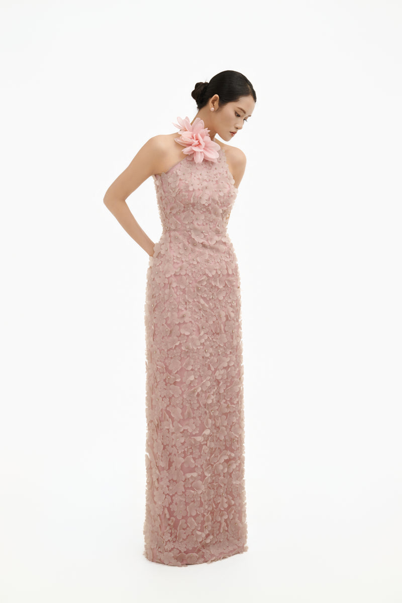 Blush floral Whisper halter maxi gown by Happy Clothing featuring a flowing silhouette and elegant floral pattern.