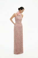 Blush floral Whisper halter maxi dress by Happy Clothing featuring a flowing gown with floral pattern and halter neckline.