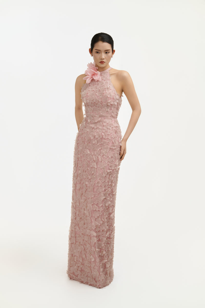 Blush floral Whisper halter maxi gown by Happy Clothing featuring a flowy design and elegant halter neckline.