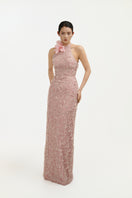 Blush floral Whisper halter maxi dress by Happy Clothing, flowing gown with halter neckline and elegant floral pattern.