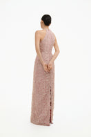Elegant blush floral Whisper halter maxi gown by Happy Clothing, featuring a flowing silhouette and delicate floral pattern.