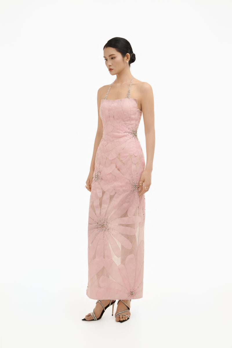 Soft pink crystal floral gown by Happy Clothing featuring delicate floral details and elegant fabric, perfect for special occasions.