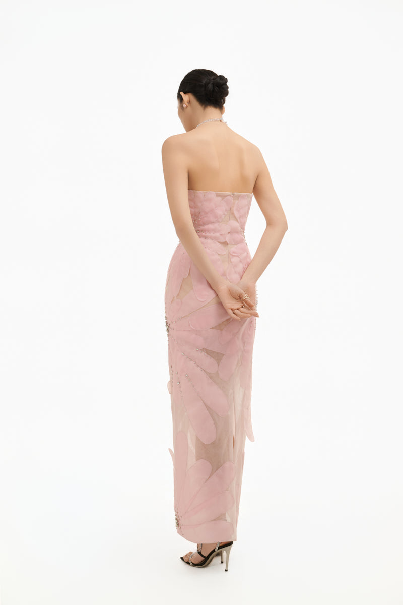 Soft pink crystal floral gown by Happy Clothing featuring delicate floral details and a graceful flowing design.