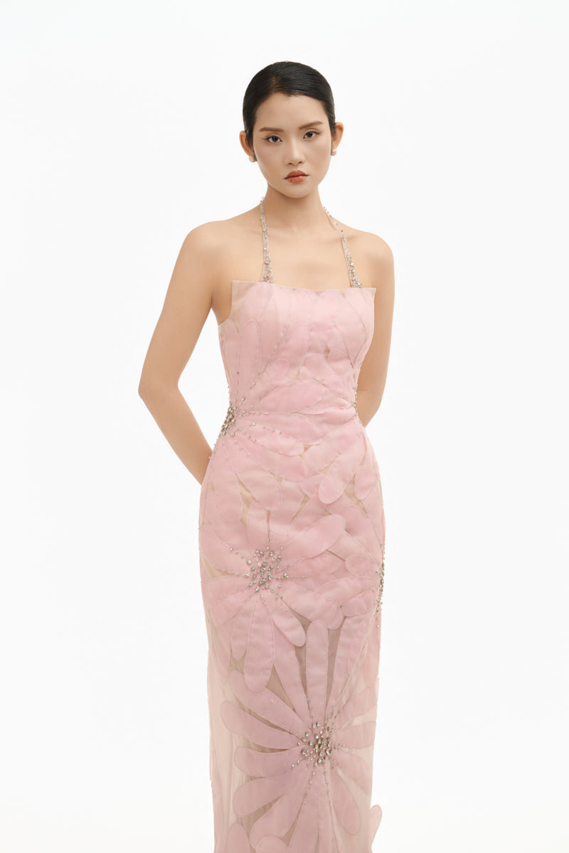 Soft pink crystal floral gown by Happy Clothing featuring intricate floral details and elegant fabric for special occasions.