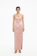 Elegant blush crystal wave strapless gown by Happy Clothing featuring a flowing, floor-length design with crystal embellishments.