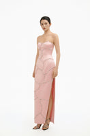 Elegant blush crystal wave strapless gown by Happy Clothing featuring a flowing design and shimmering embellishments.