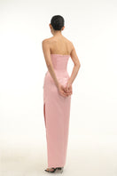 Elegant blush crystal wave strapless gown by Happy Clothing, featuring a flowing design and intricate crystal detailing.