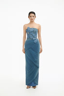 Blue 3D floral draped maxi dress by Happy Clothing, featuring flowing fabric and intricate floral details in a gown style.